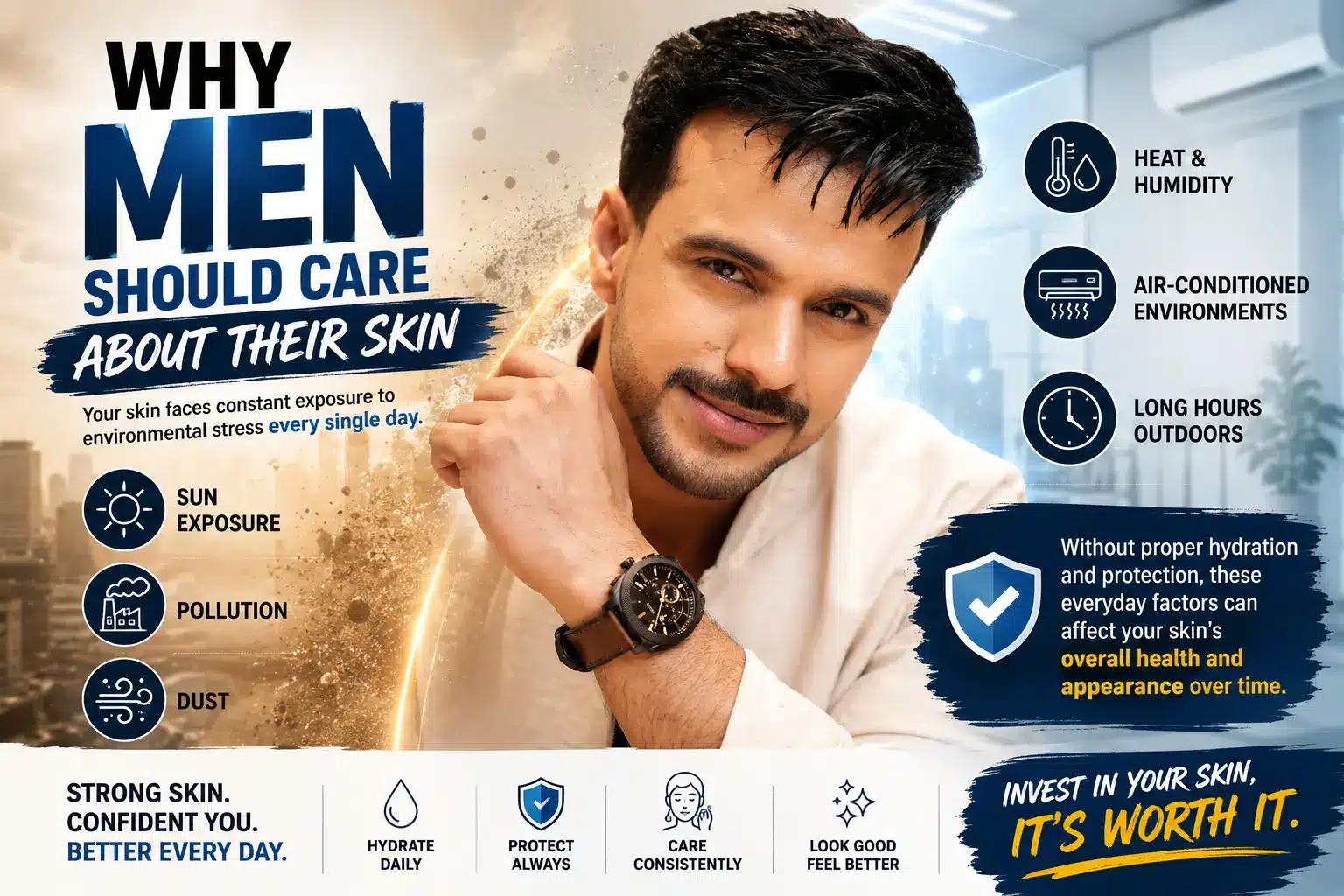Mohit Kumar showcasing Episoft AC moisturiser with microencapsulated sunscreen in a vibrant skincare talking about why Men should take care of their skin