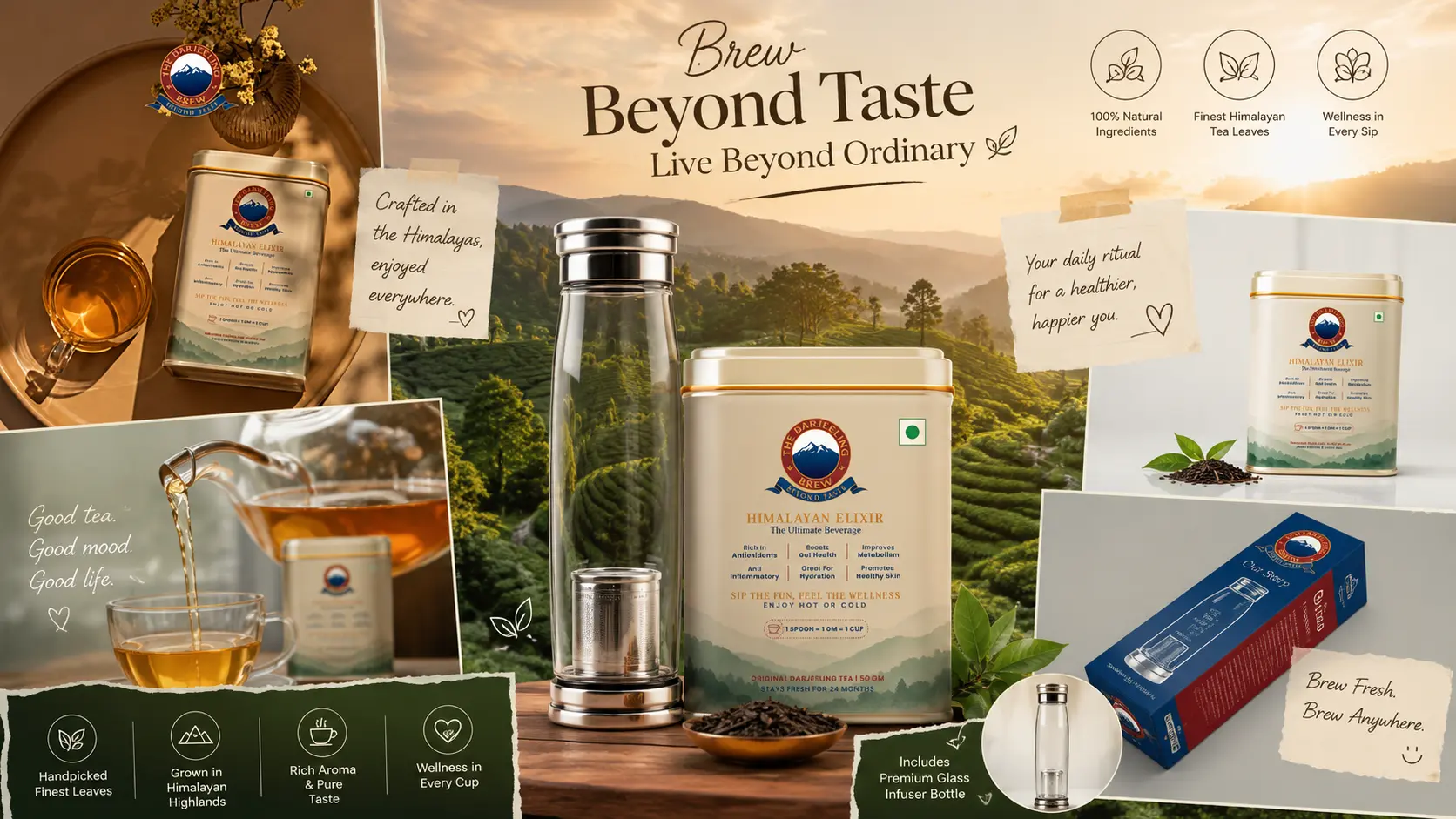 Product photography of The Darjeeling Brew Himalayan Elixir tea tin