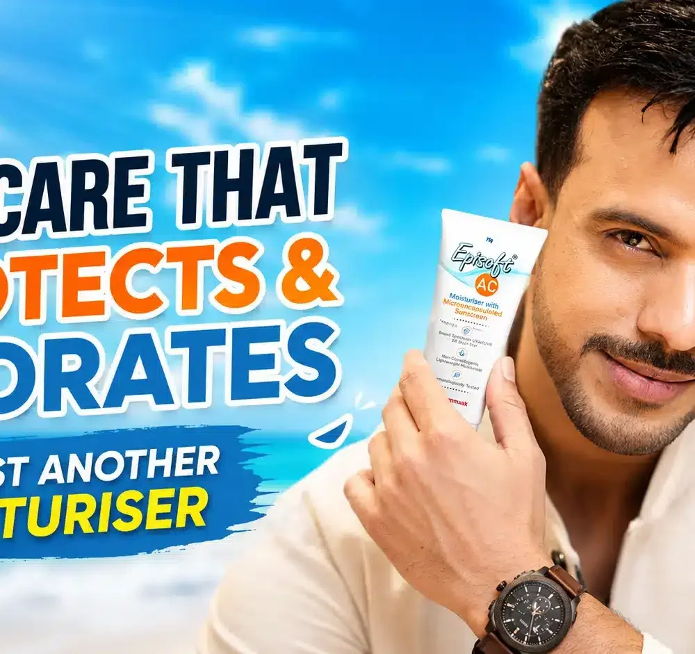 Mohit Kumar holding Episoft AC moisturiser with sunscreen against a bright beach background in a YouTube thumbnail promoting skincare that protects and hydrates.