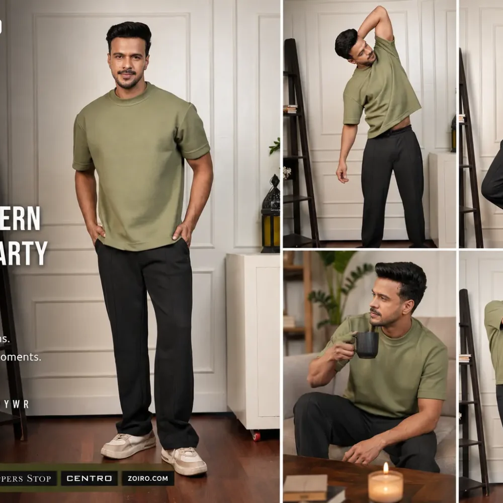 Mohit Kumar wearing the ZOIRO Lounge Collection during the Modern House Party campaign, showcasing premium men's athleisure and relaxed contemporary style.