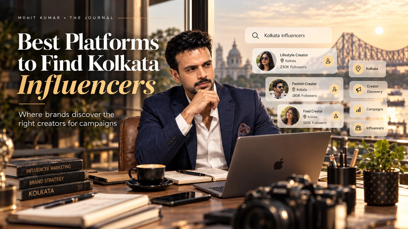 Mohit Kumar in a blue suit with illustrated influencer search cards overlooking the Kolkata skyline