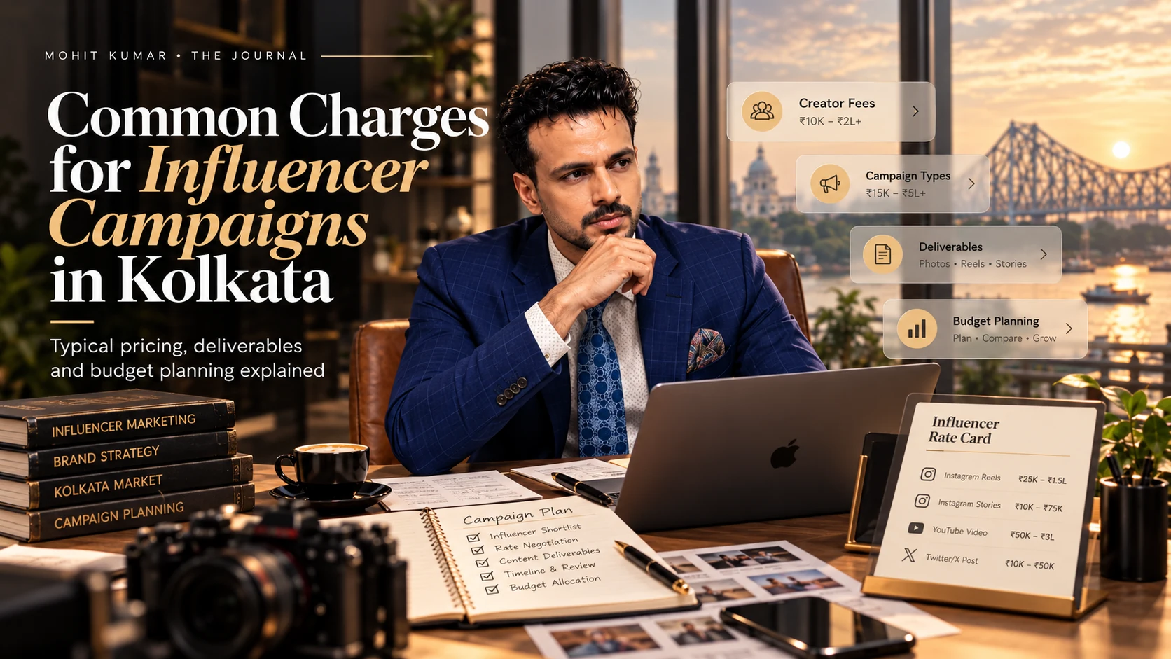 Editorial illustration of Mohit Kumar at a desk with influencer campaign planning notes and illustrative pricing panels